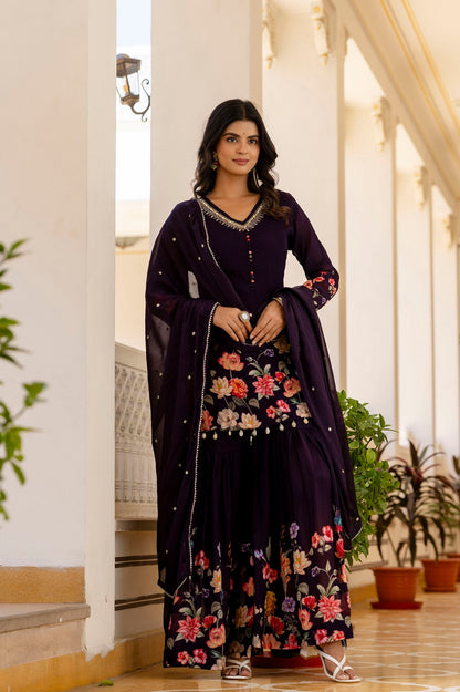 Dark Violet Chinon Short Kurti 3 Pieces Set