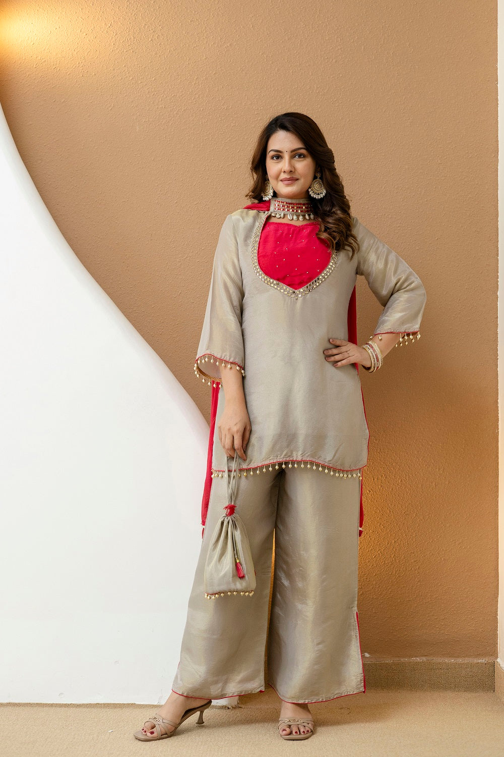 Grey Shimmer Plazo Kurti 3 Pieces Set