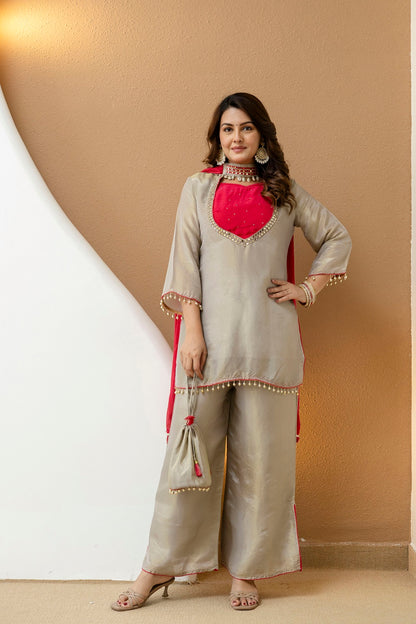 Grey Shimmer Plazo Kurti 3 Pieces Set