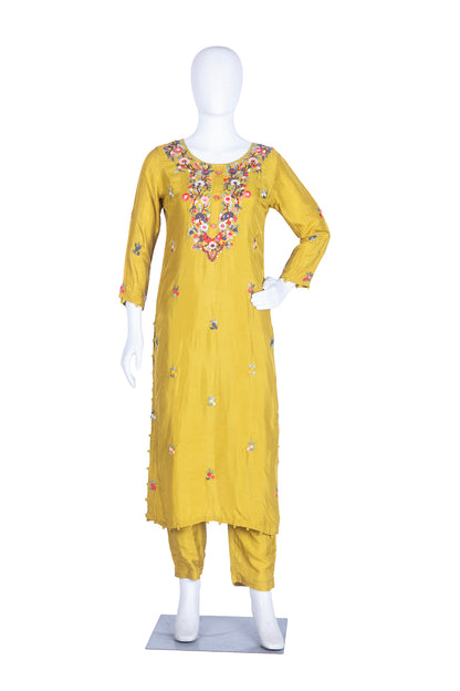 Mahendi Green Silk Embroidered Kurti 3 Pieces Set
