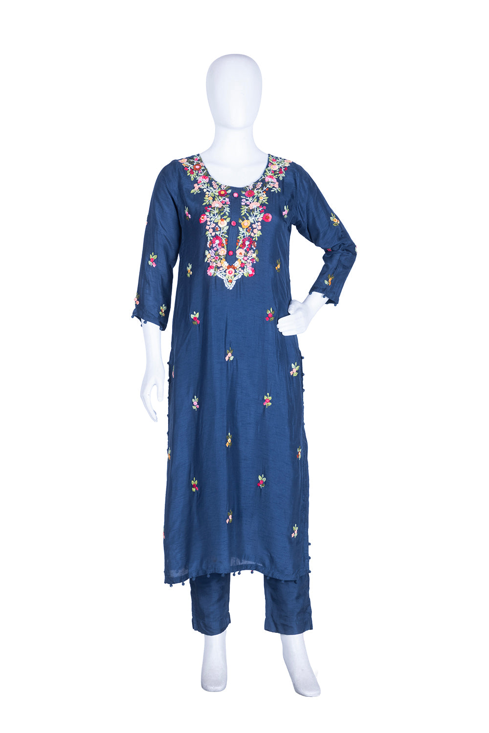 Peacock Blue Silk Kurti Pant 3 Pieces Set
