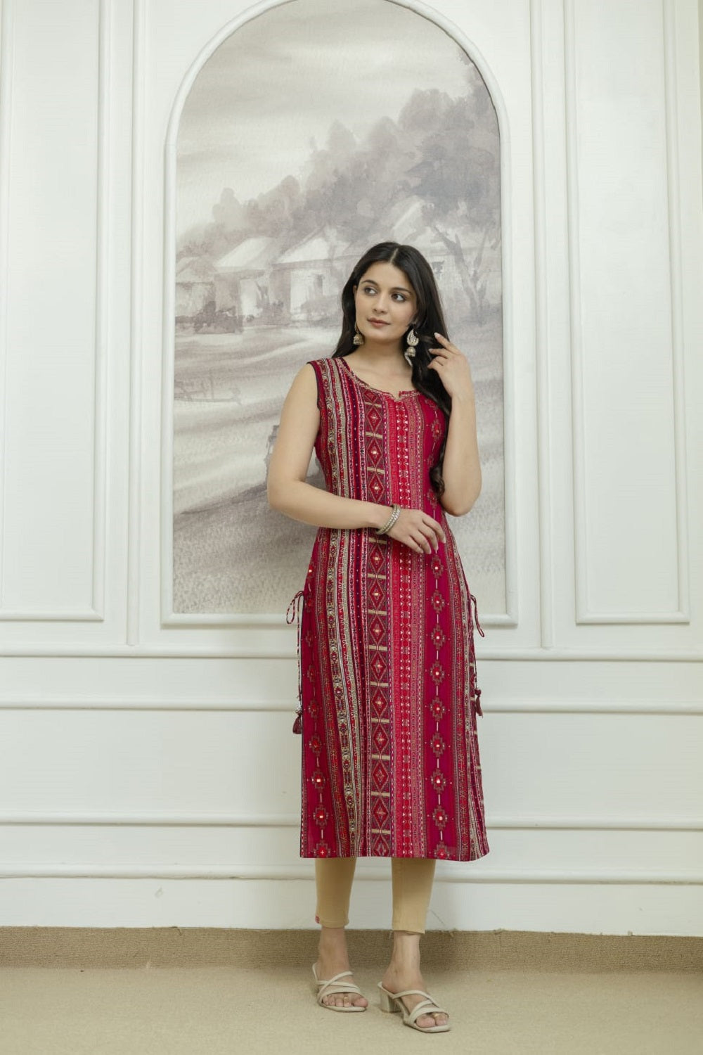 Maroon Rayon Handwork Straight Cut Kurti