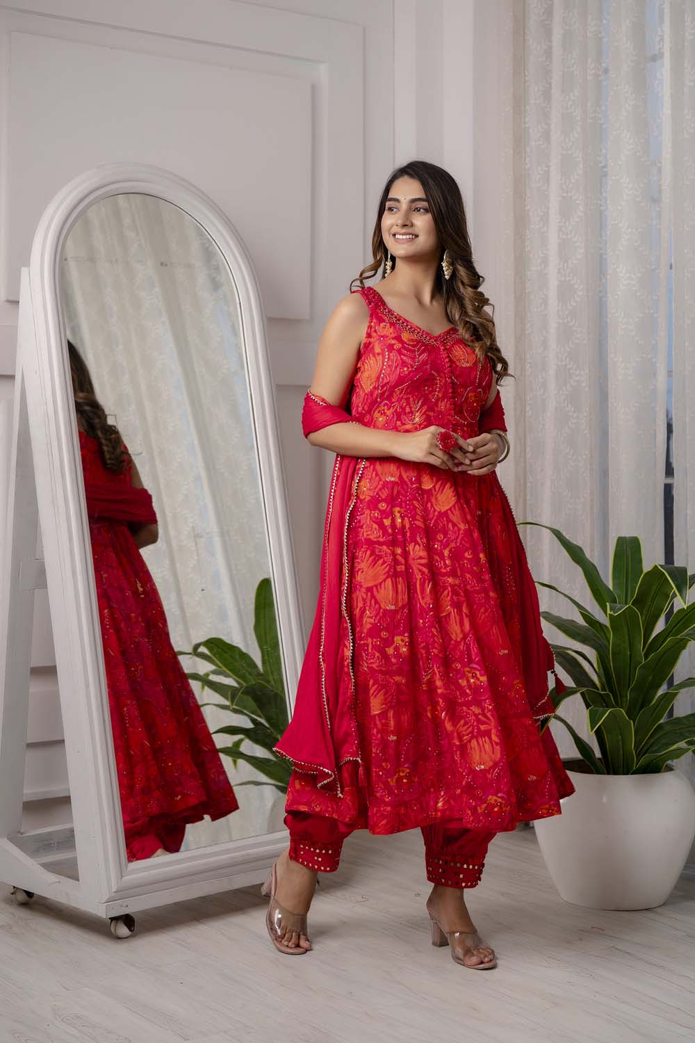 RED PARTYQUEEN KURTI FROCK PANT WITH DUPATTA SET