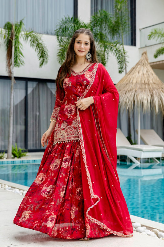 Red Chinon Kurti Skirt 3 Pieces Set