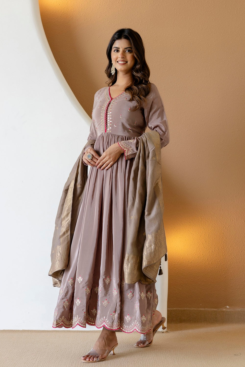 Brown Crepe Frock Kurti 3 Pieces Set