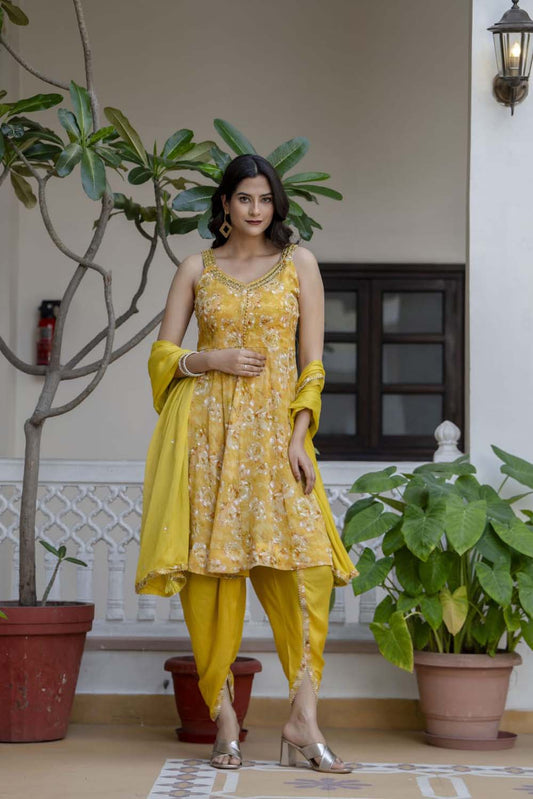 KAIRA YELLOW POPLON KURTI WITH DHOTI AND DUPATTA