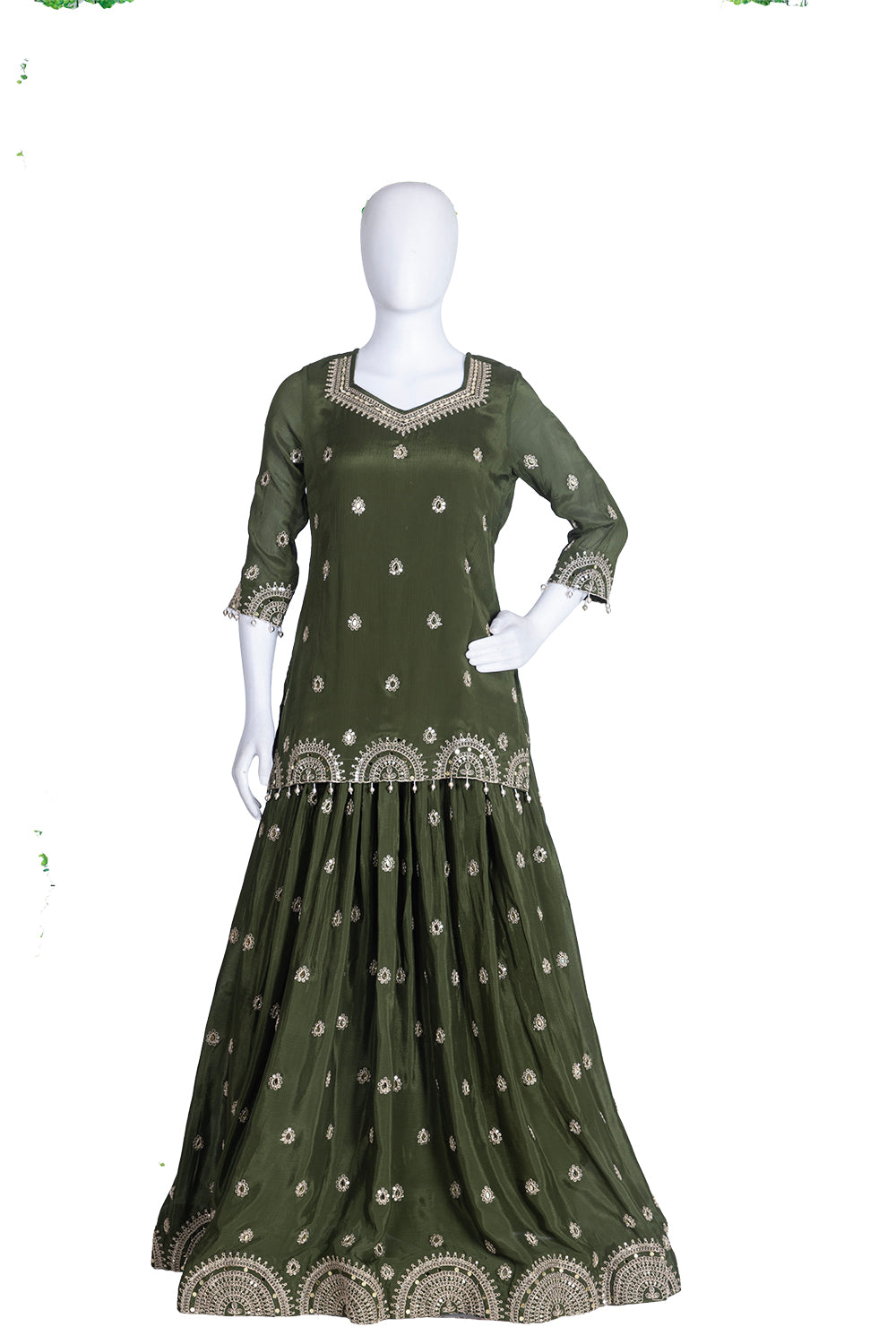 M Green Chinon Short Kurti 3 Pieces Set