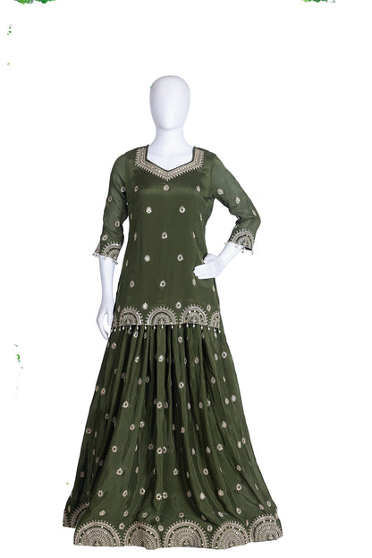 M Green Chinon Short Kurti 3 Pieces Set