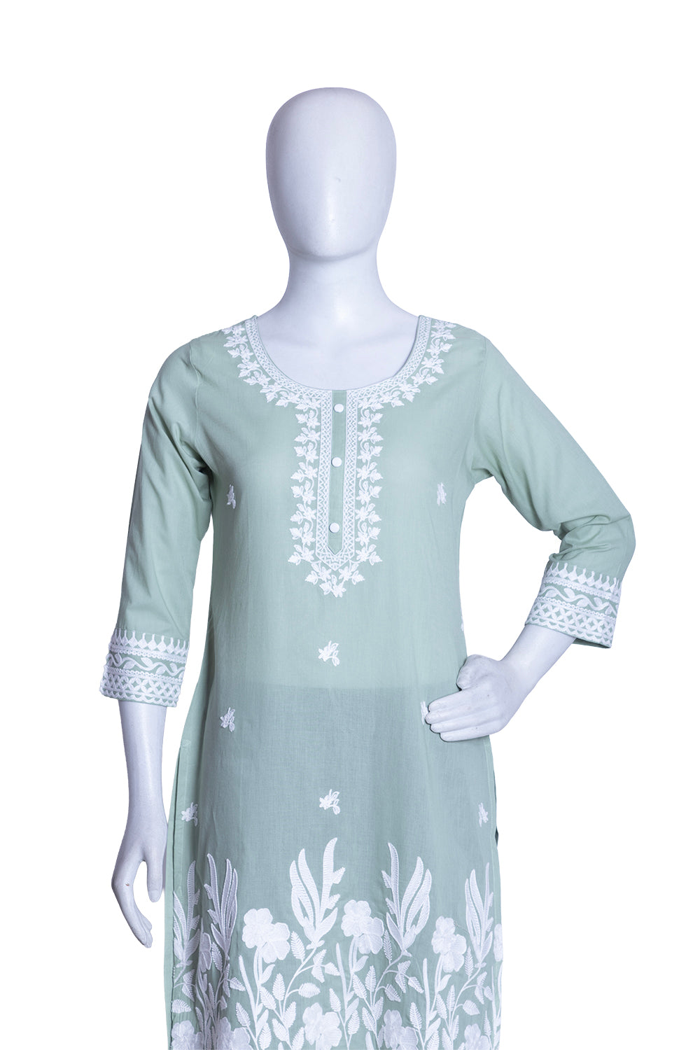 Pista Green Cotton Aari Work Straight Kurti