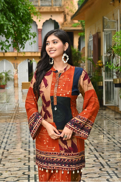 Brown Rayon Kurti Plazo 2 Pieces Set