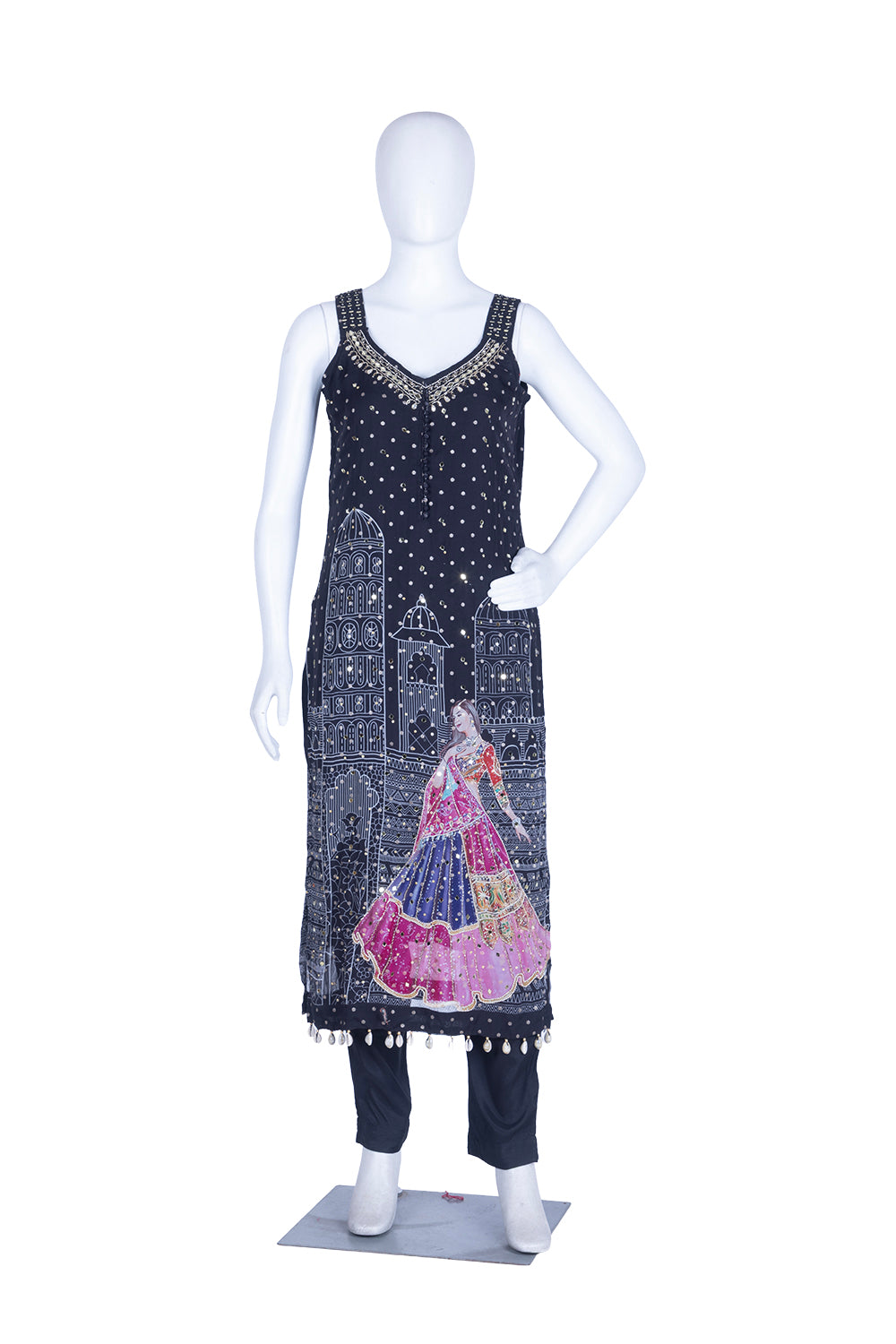 Black Chinon Kurti Pant 3 Pieces Set