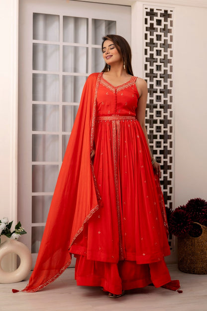 Red Chinon Skirt Kurti 3 Pieces Set