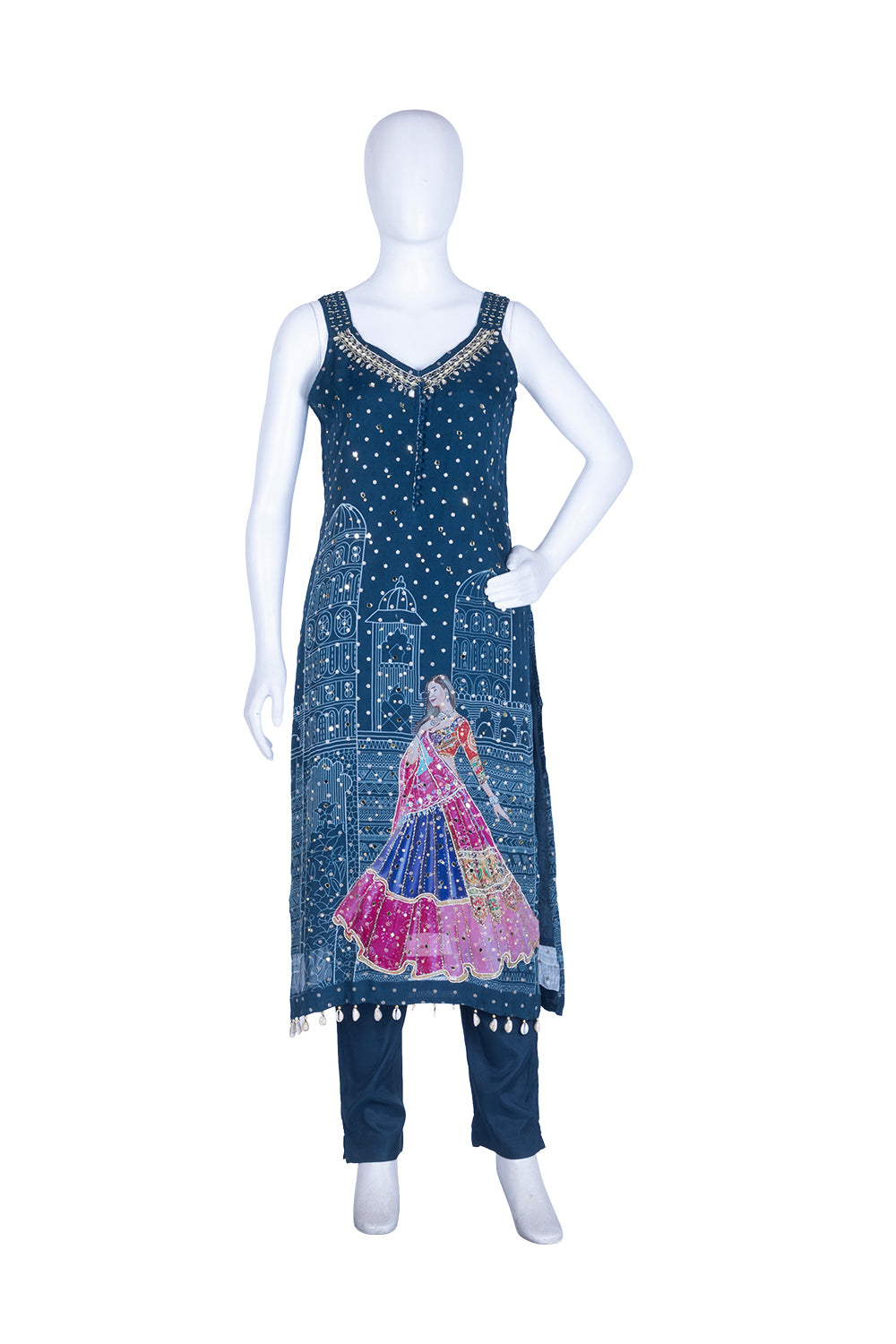 Peacock Blue Chinon Kurti Pant 3 Pieces Set