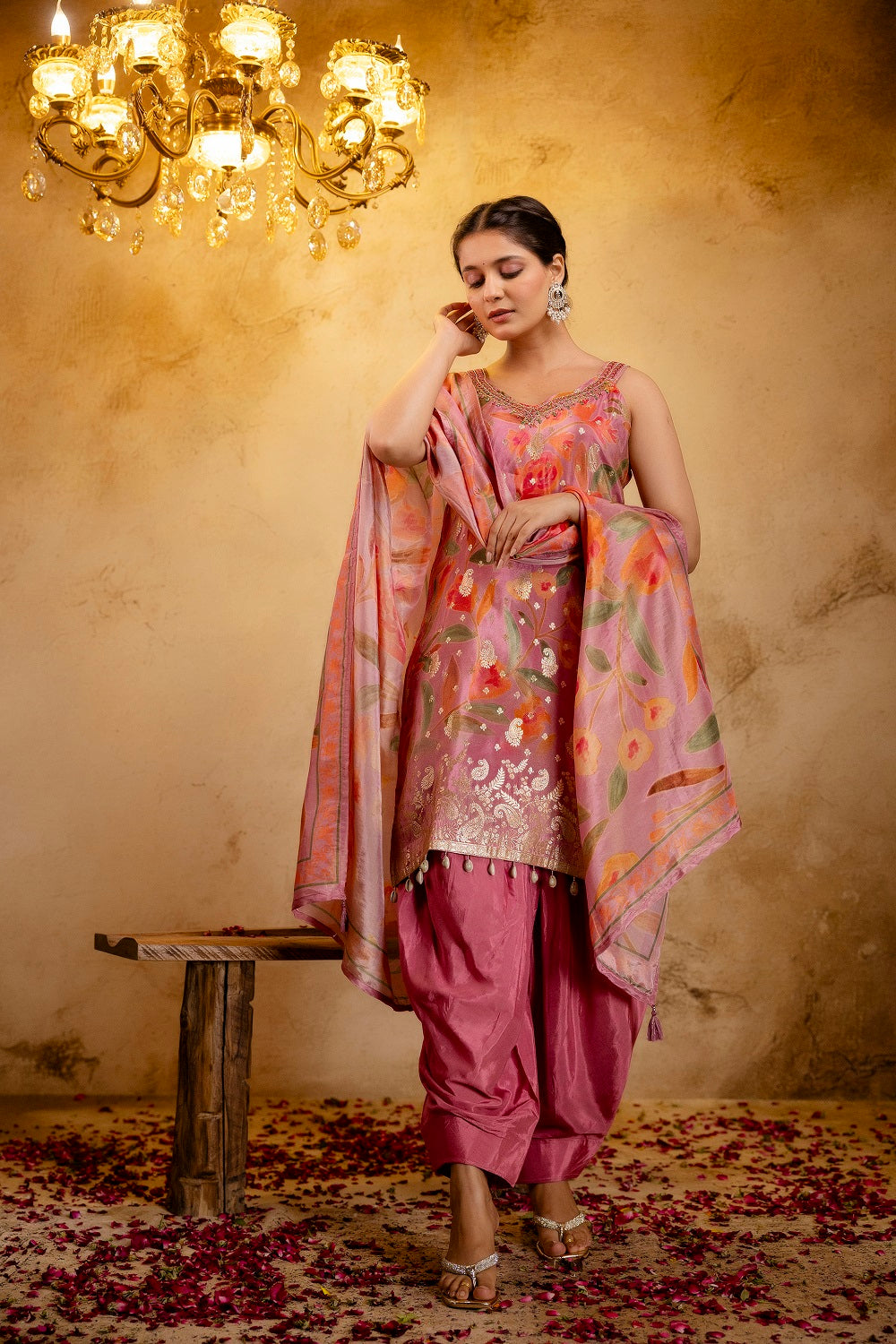 Pink Shimmer Printed Kurti 3 Pieces Set