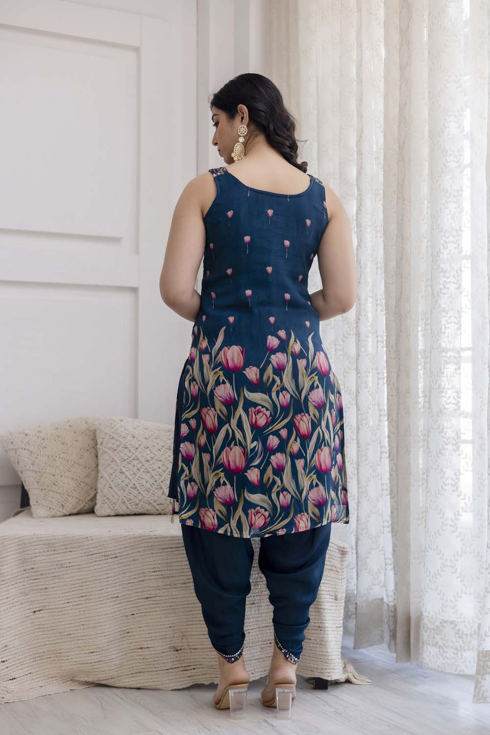 PEACOCK BLUE STRAP KURTI WITH DHOTI AND DUPATTA