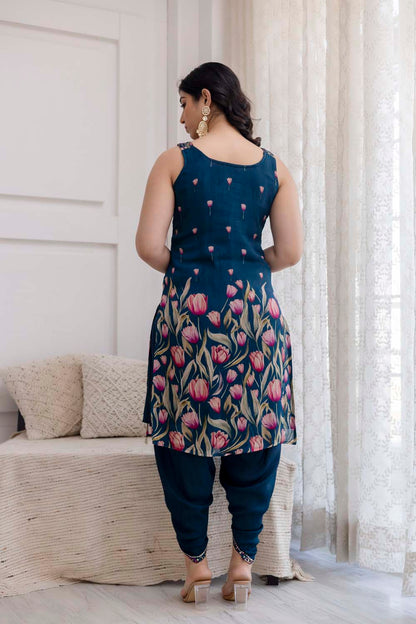 Peacock Blue Strap Kurti With Dhoti And Dupatta