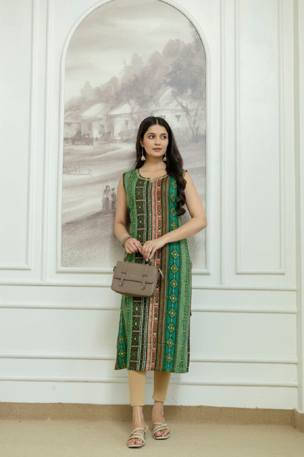 Green Rayon Handwork Straight Cut Kurti