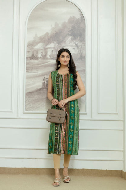 Green Rayon Handwork Straight Cut Kurti