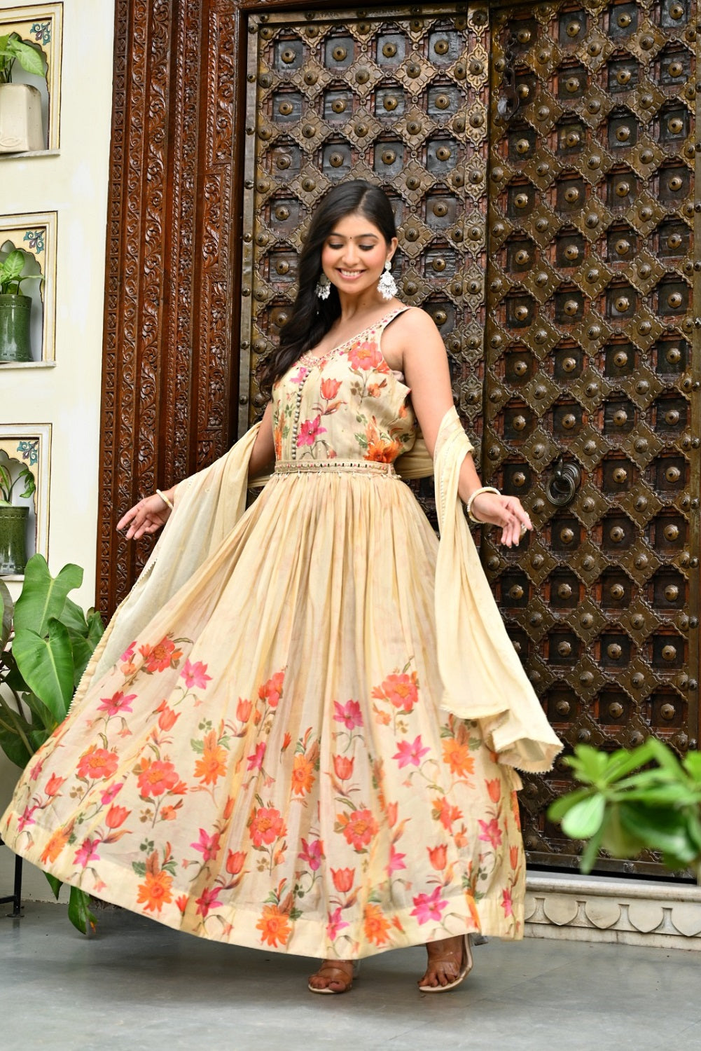 Gold Colour Chinon Frock Kurti 3 Pieces Set