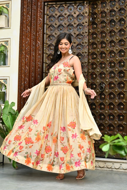 Gold Colour Chinon Frock Kurti 3 Pieces Set