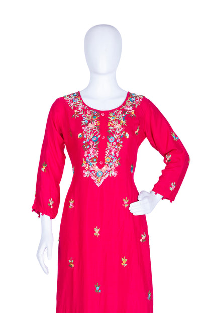 Rani Pink Silk Kurti Pant 3 Pieces Set