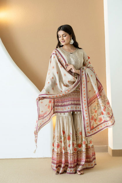 Buff Silk Kurti Sharara 3 Pieces Set