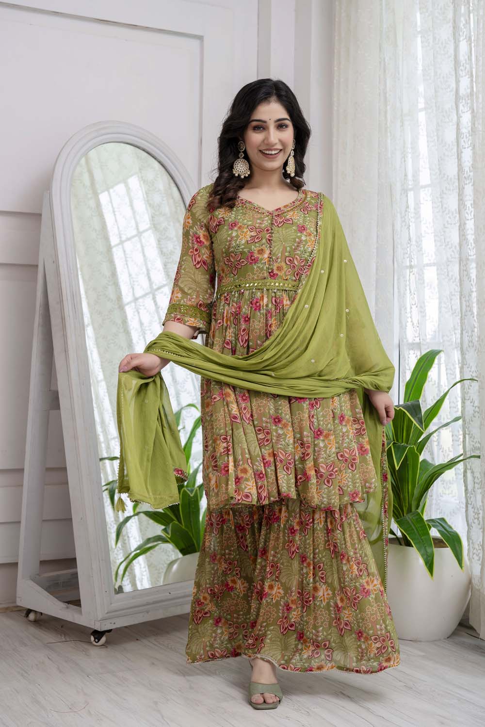 KAIRA MEHANDI GREEN POPLON KURTI PLAZO DUPATTA SET