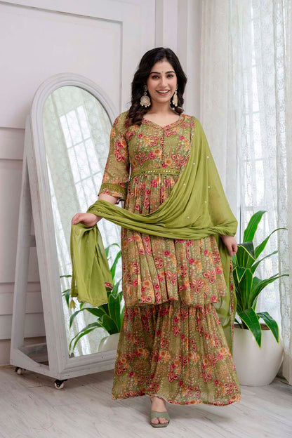 KAIRA MEHANDI GREEN POPLON KURTI PLAZO DUPATTA SET