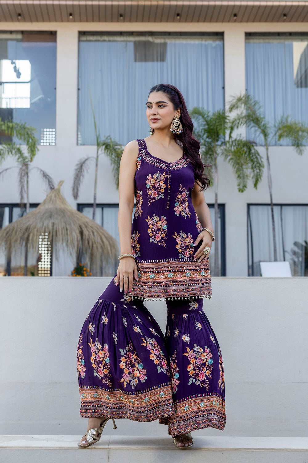 Violet Crepe Sharara Kurti 3 Pieces Set