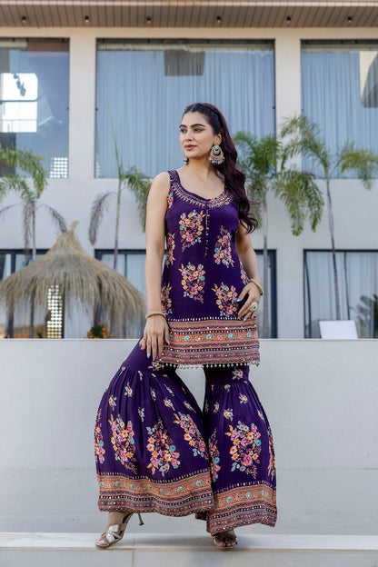 Violet Crepe Sharara Kurti 3 Pieces Set