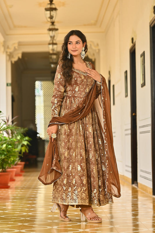 Brown Shimmer Frock Kurti 3 Pieces Set