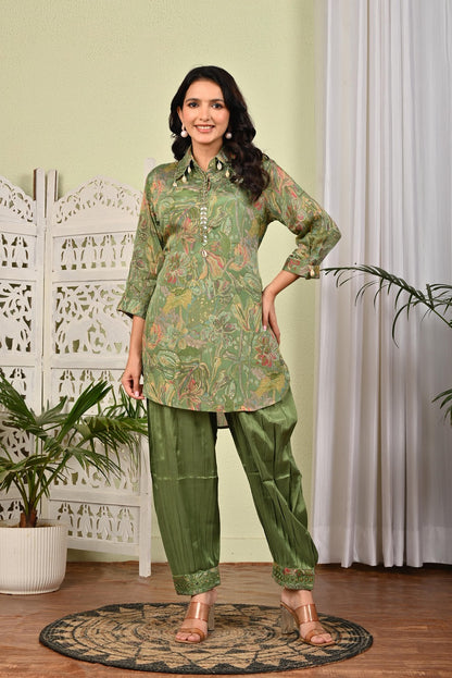 Pista Green Chinon Printed 2 Pieces Set