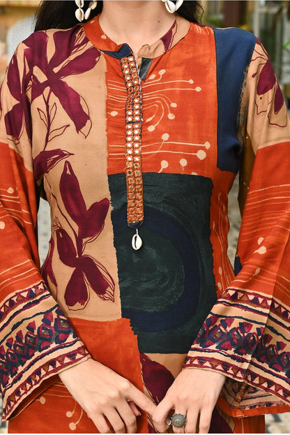 Brown Rayon Kurti Plazo 2 Pieces Set