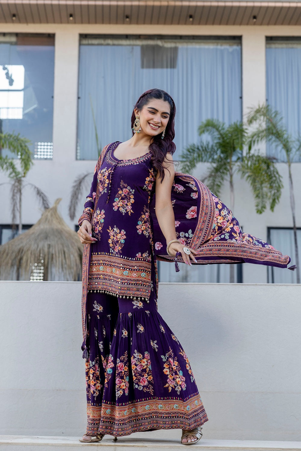 Violet Crepe Sharara Kurti 3 Pieces Set