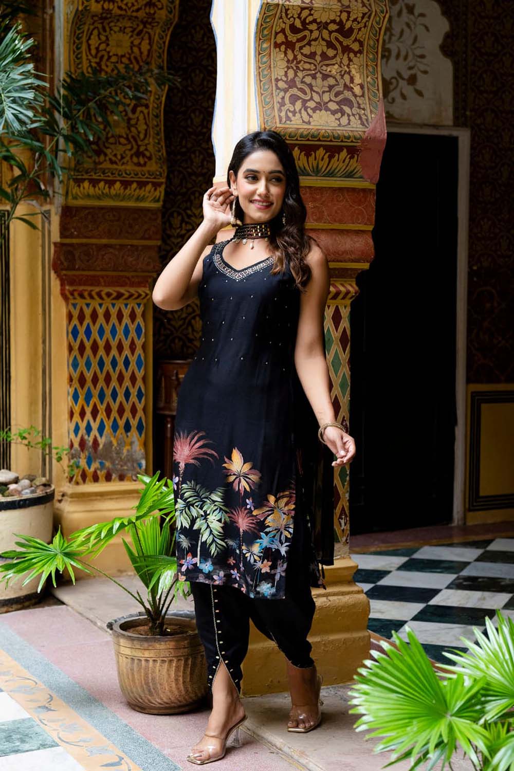 KAIRA BLACK STRAP KURTI WITH DHOTI & DUPATTA SET