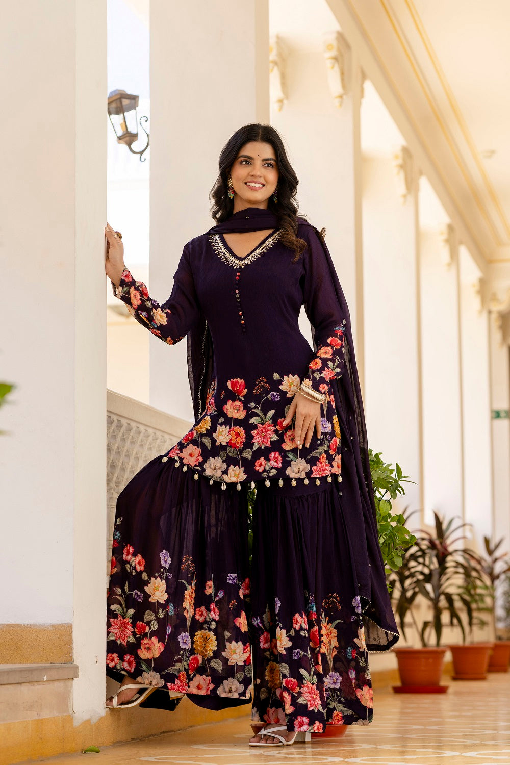 Dark Violet Chinon Short Kurti 3 Pieces Set