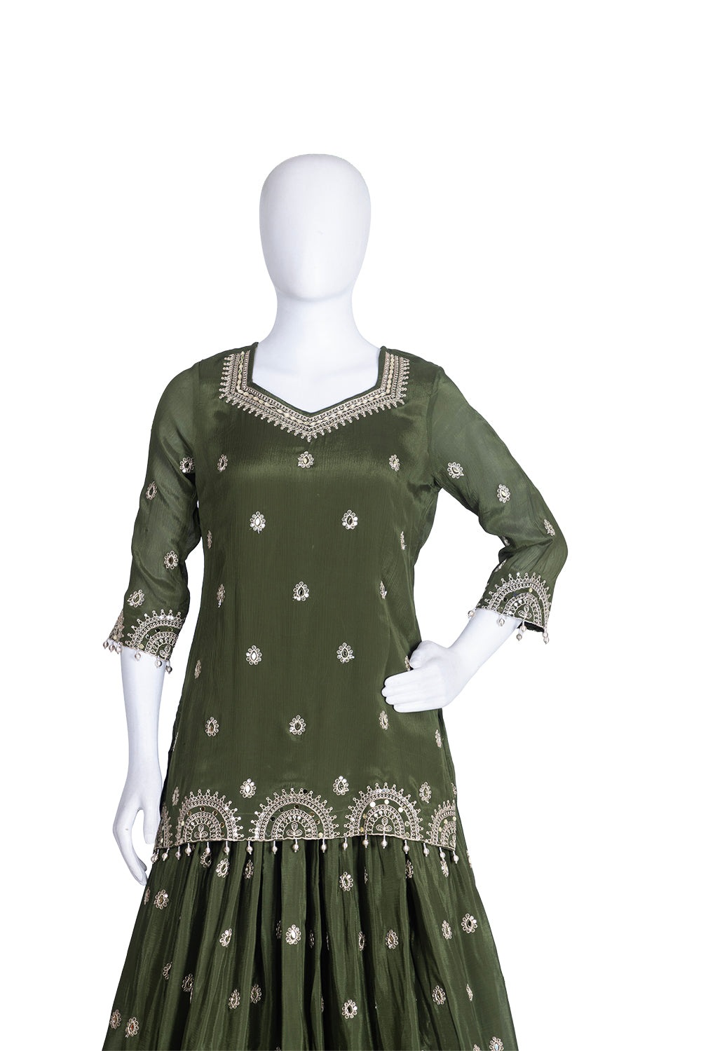 M Green Chinon Short Kurti 3 Pieces Set