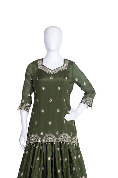 M Green Chinon Short Kurti 3 Pieces Set