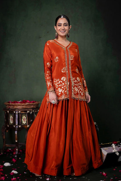 Rust Chinon Partyqueen Kurti Skirt 3 Pieces Set