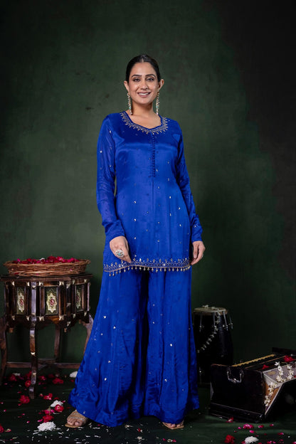 Royal Blue Chinon Garara Kurti 3 Pieces Set