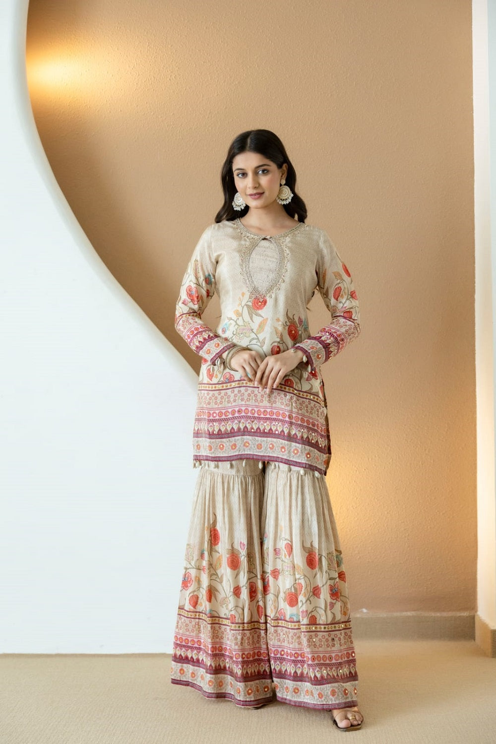 Buff Silk Kurti Sharara 3 Pieces Set