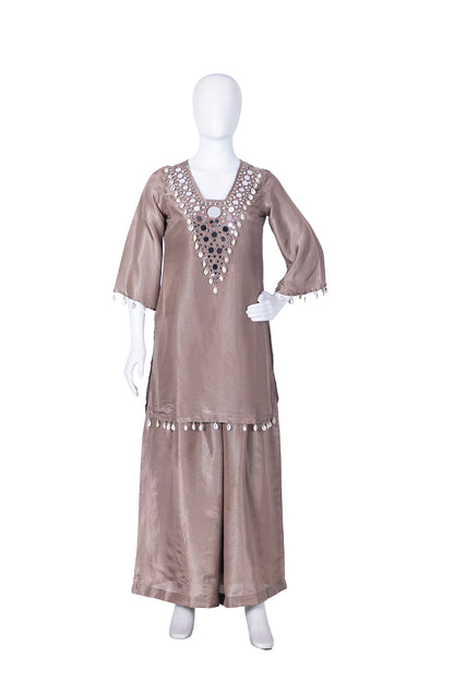 L Brown Tissue Kurti Plazo 3 Pieces Set