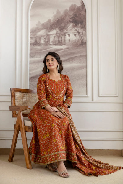 Rust Cotton Kurti Frock 3 Pieces Set