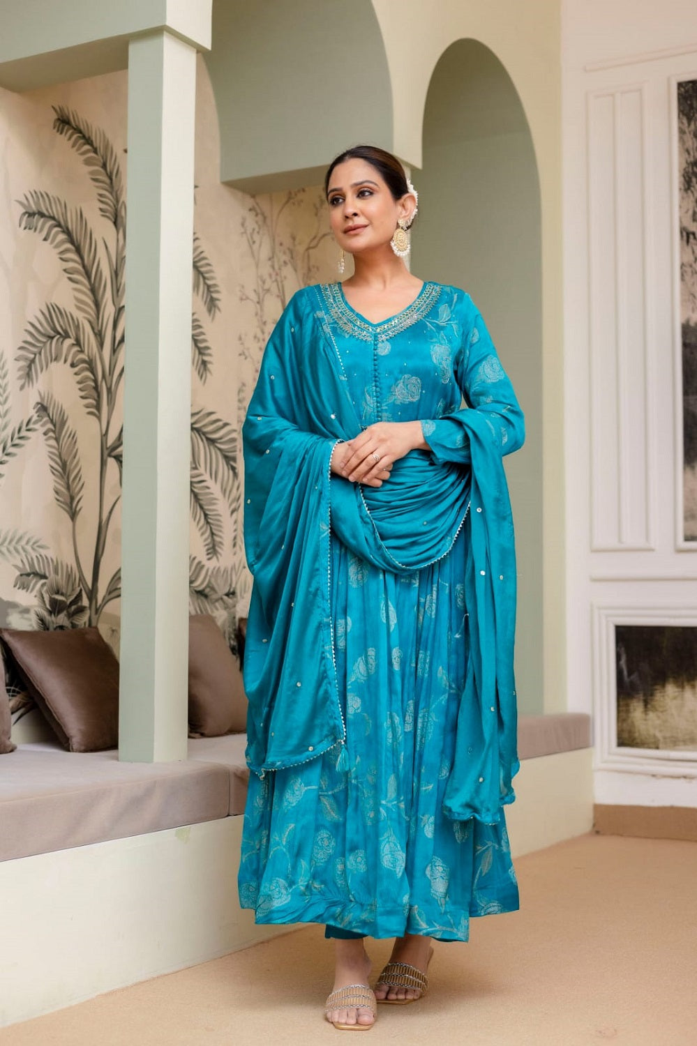 Rama Green Frock Kurti 3 Pieces Set