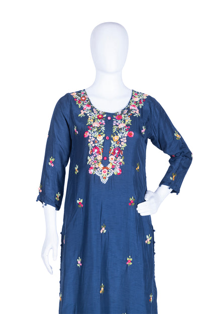 Peacock Blue Silk Kurti Pant 3 Pieces Set