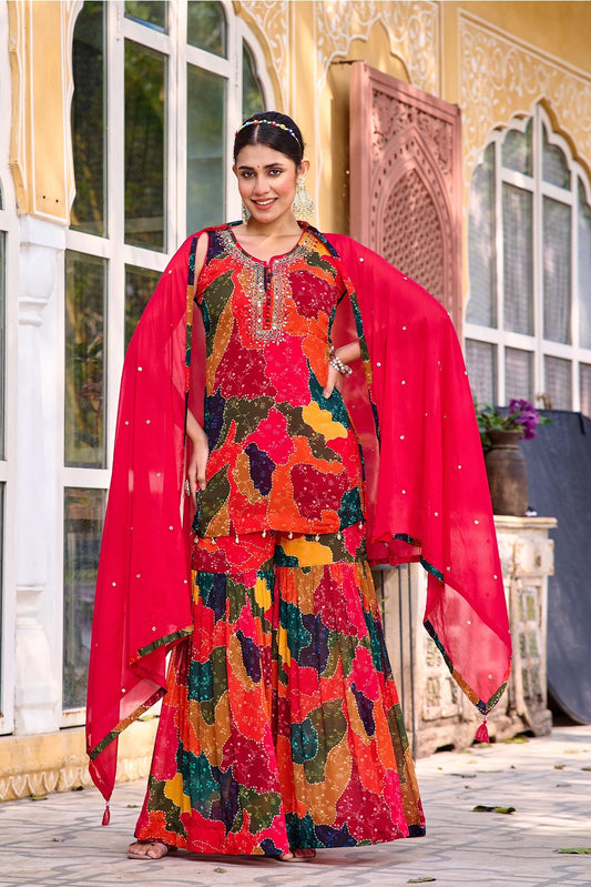 Multi Color Chinon Short Kurti 3 Pieces Set