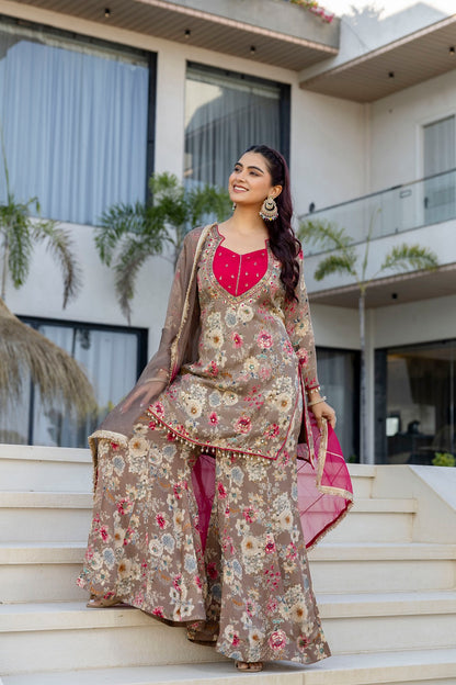 Brown Chinon Garara Kurti 3 Pieces Set