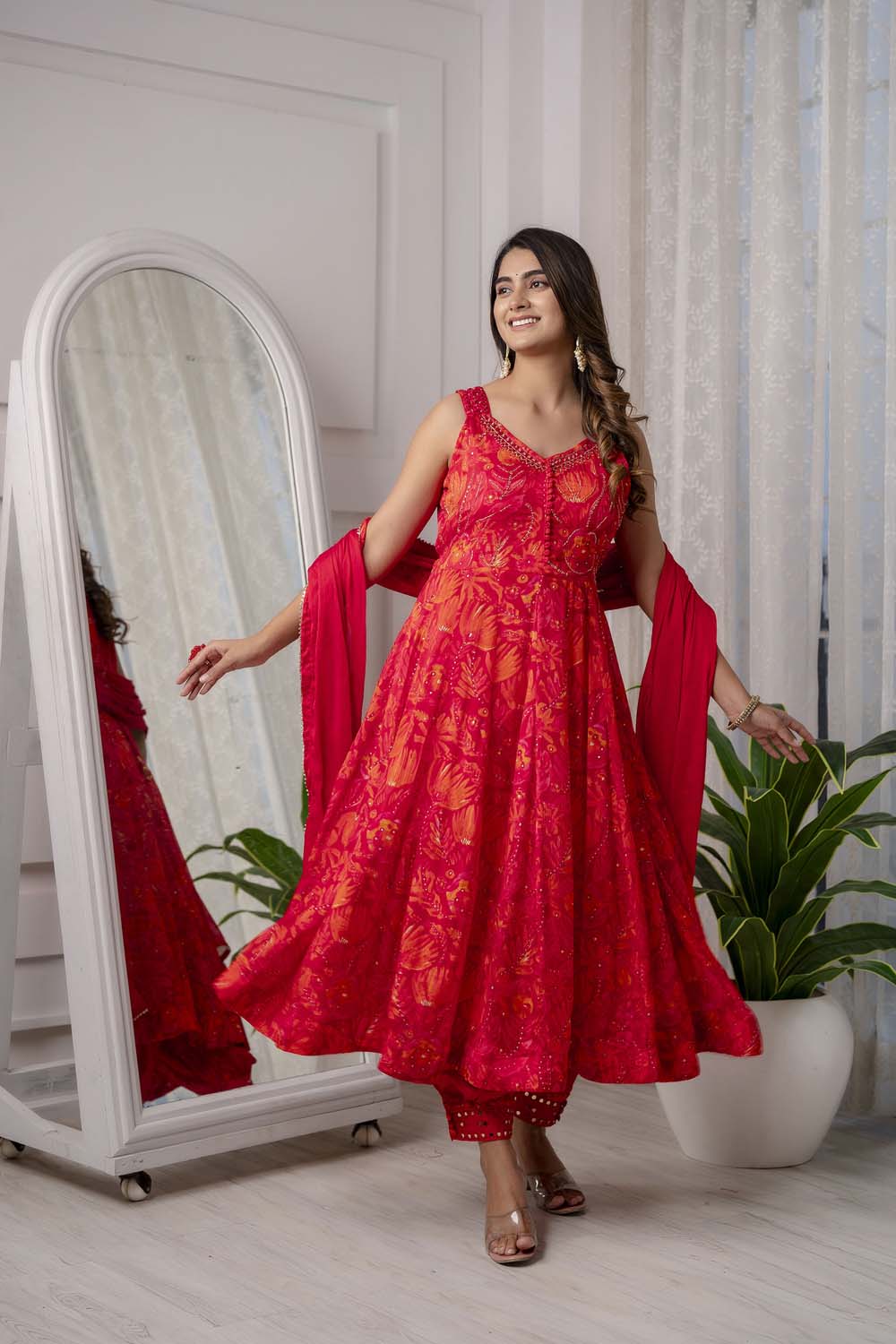 RED PARTYQUEEN KURTI FROCK PANT WITH DUPATTA SET