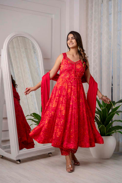 RED PARTYQUEEN KURTI FROCK PANT WITH DUPATTA SET