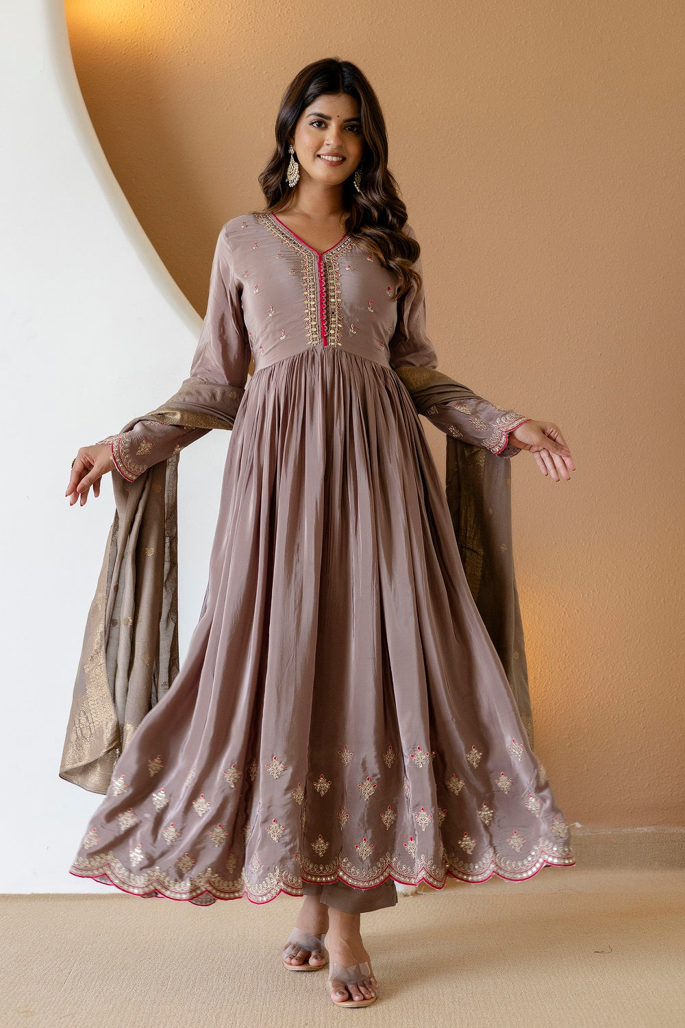 Brown Crepe Frock Kurti 3 Pieces Set